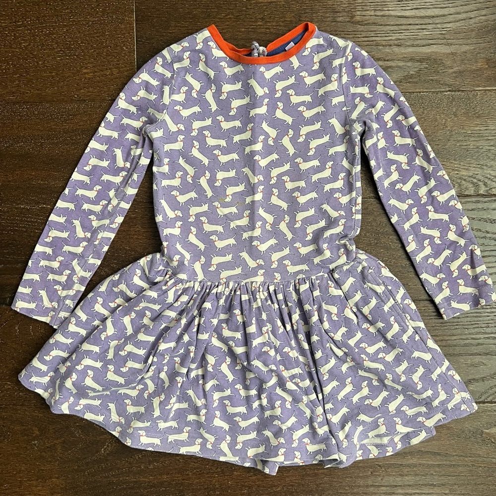 Mini Boden size 3-4 purple dachshund dog drop waist dress
